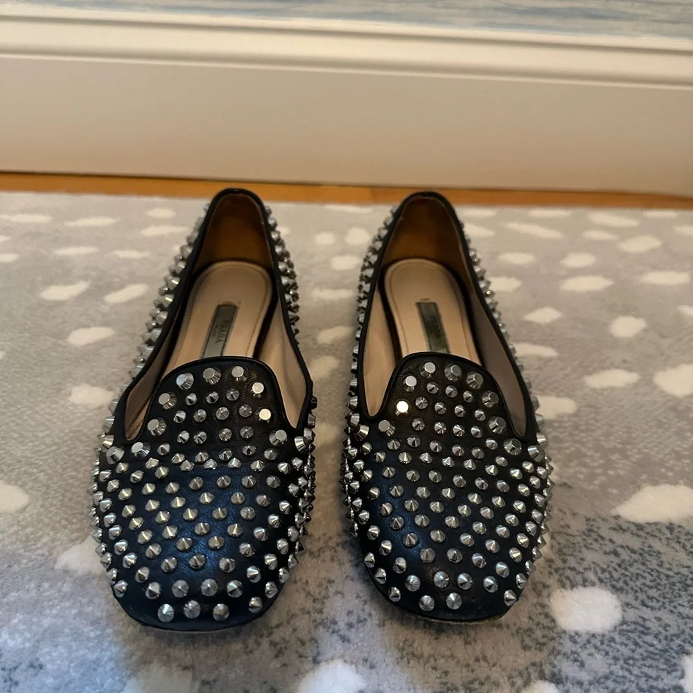 Prada Black Leather Studded Flat Loafers, 37.5 - Picture 2 of 5